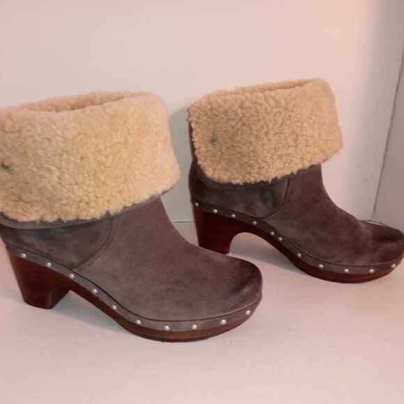 UGG Lynnea Wm 7US/38EU Gray Suede Shearling Ankle Boots Wooden Clog Soles - Picture 3 of 12